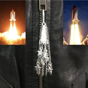 “Blast Off” Rocket and Shooting Stars Fringe Silver Handmade Zipper Pull Science
